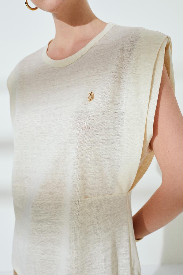 Kadın Krem Bisiklet Yaka Kolsuz Tişört - 50235813022