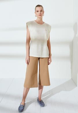 Kadın Krem Bisiklet Yaka Kolsuz Tişört - 50235813022