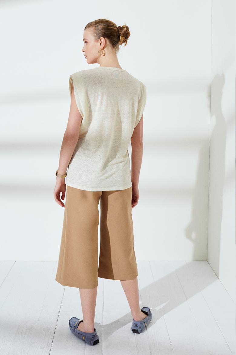 Kadın Krem Bisiklet Yaka Kolsuz Tişört - 50235813022