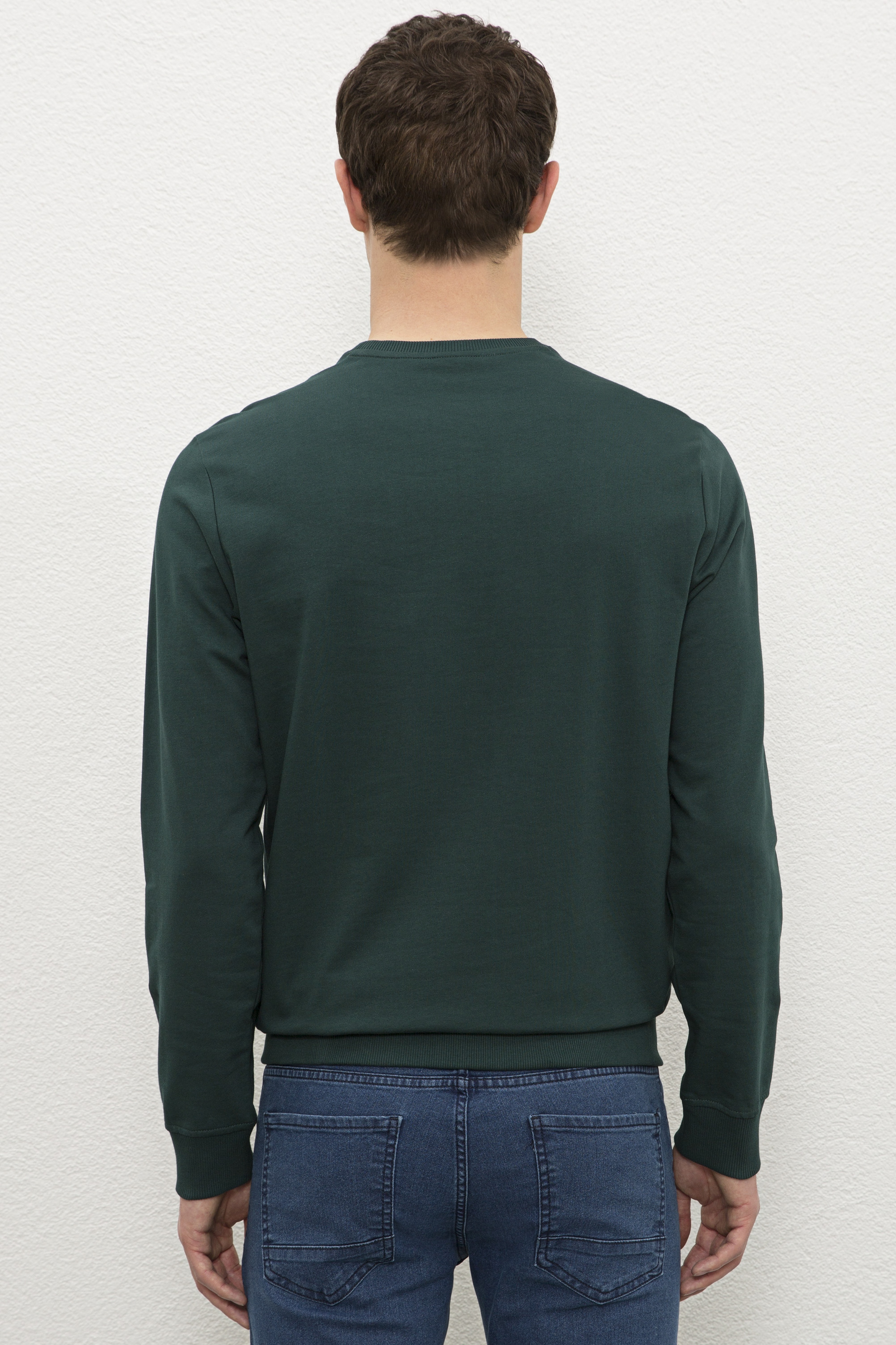 Erkek Koyu Yeşil Bisiklet Yaka Sweatshirt