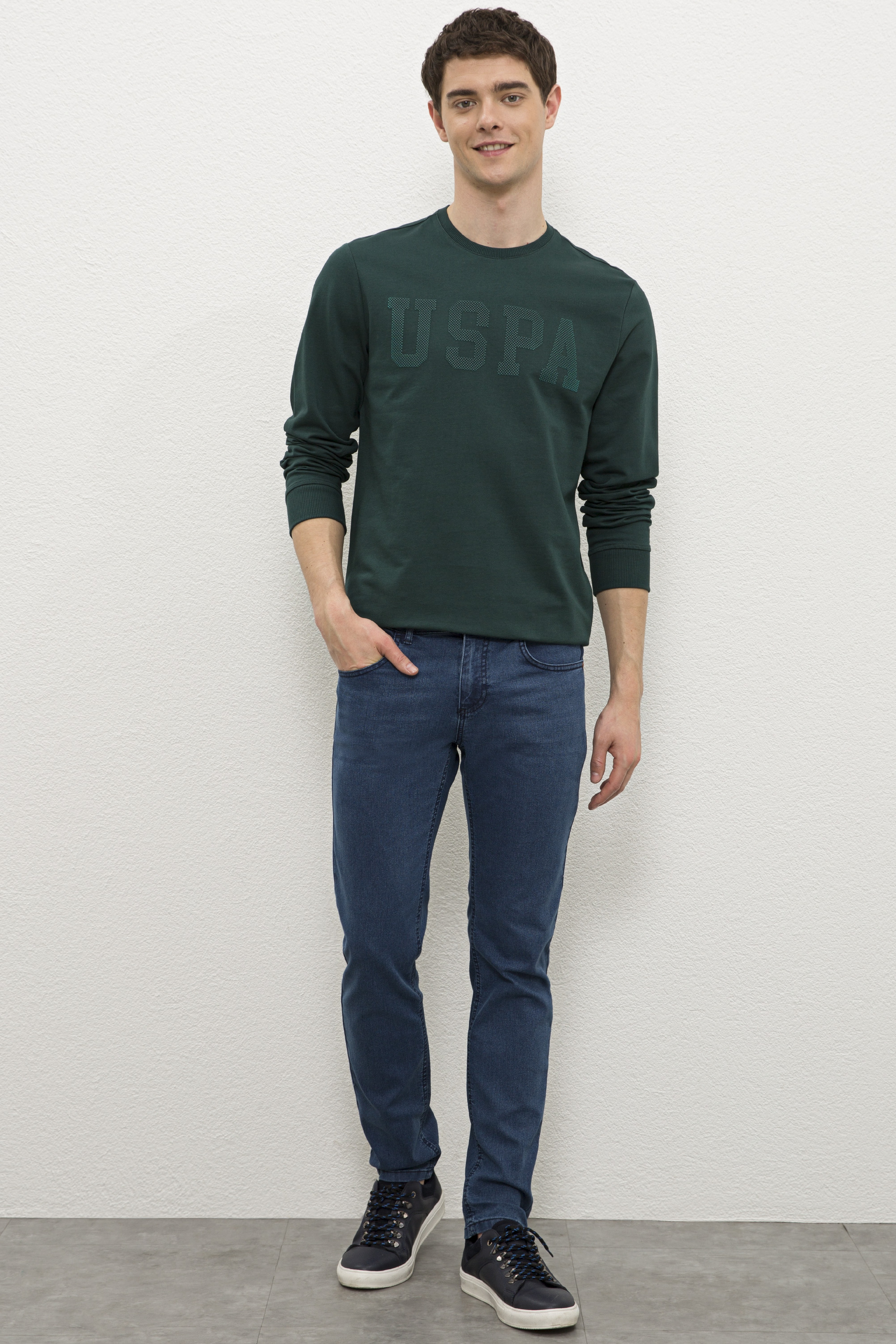 Erkek Koyu Yeşil Bisiklet Yaka Sweatshirt - Image 4