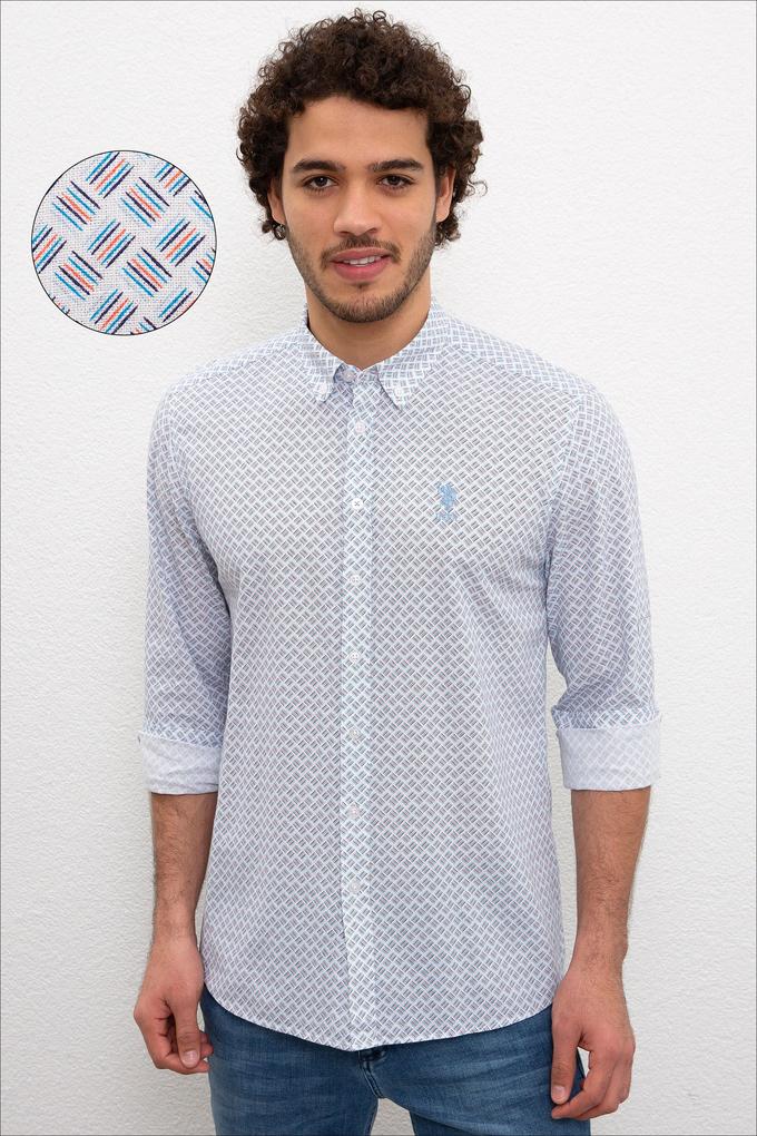 Erkek Turuncu Mavi Desenli Gömlek Uzunkol