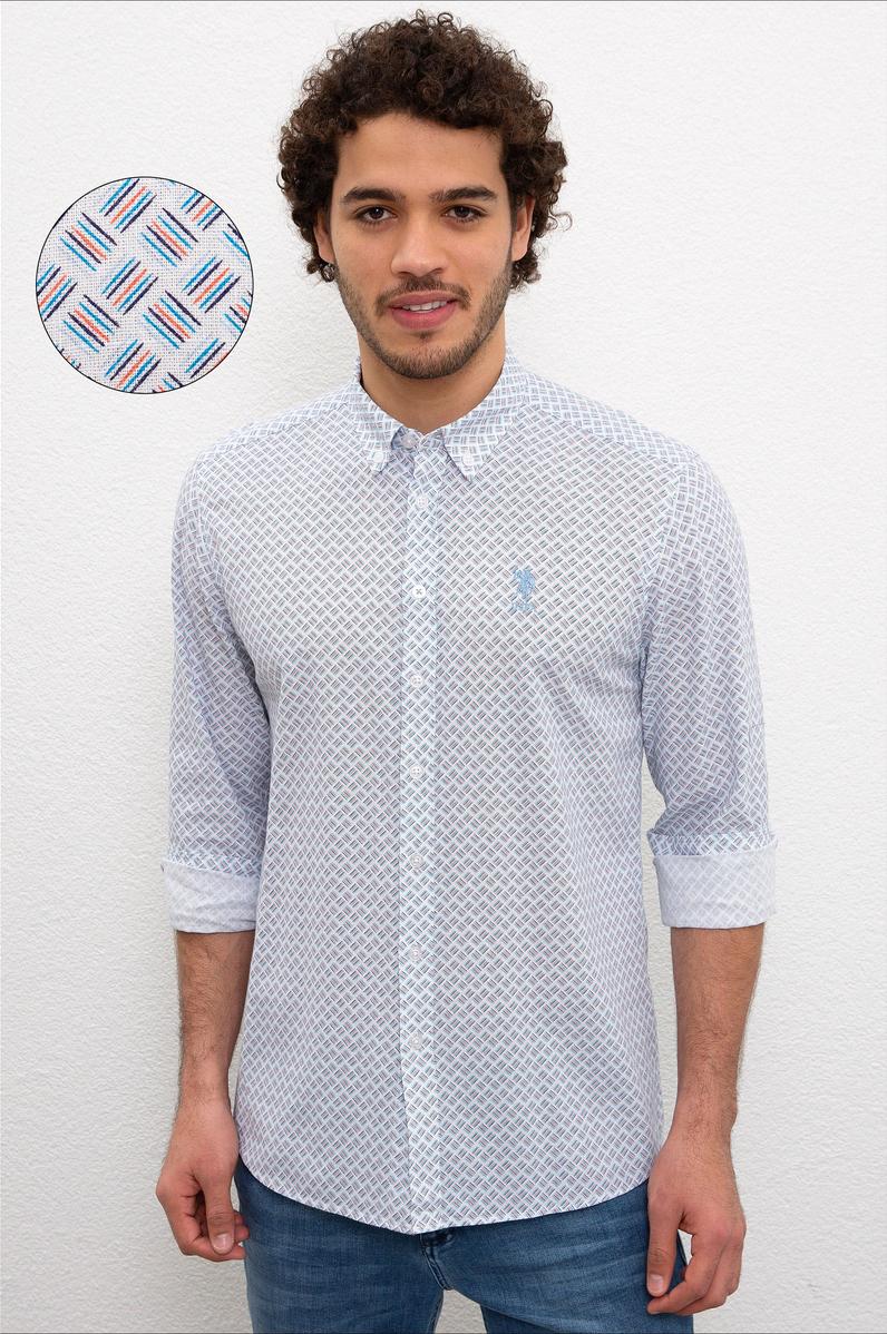 Erkek Turuncu Mavi Desenli Gömlek Uzunkol