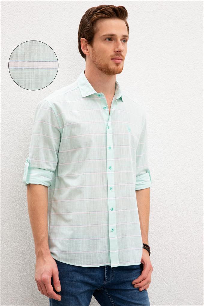 Erkek Yeşil Yatay Çizgili Gömlek Uzunkol