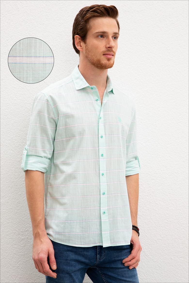 Erkek Yeşil Yatay Çizgili Gömlek Uzunkol