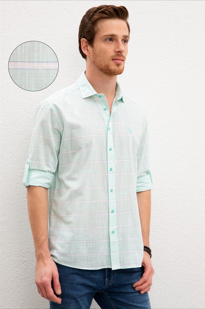 Erkek Yeşil Yatay Çizgili Gömlek Uzunkol