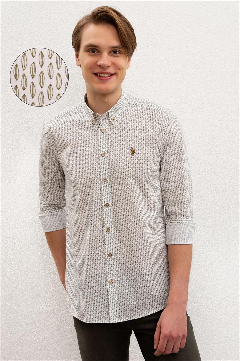 Erkek Haki Desenli Gömlek Uzunkol