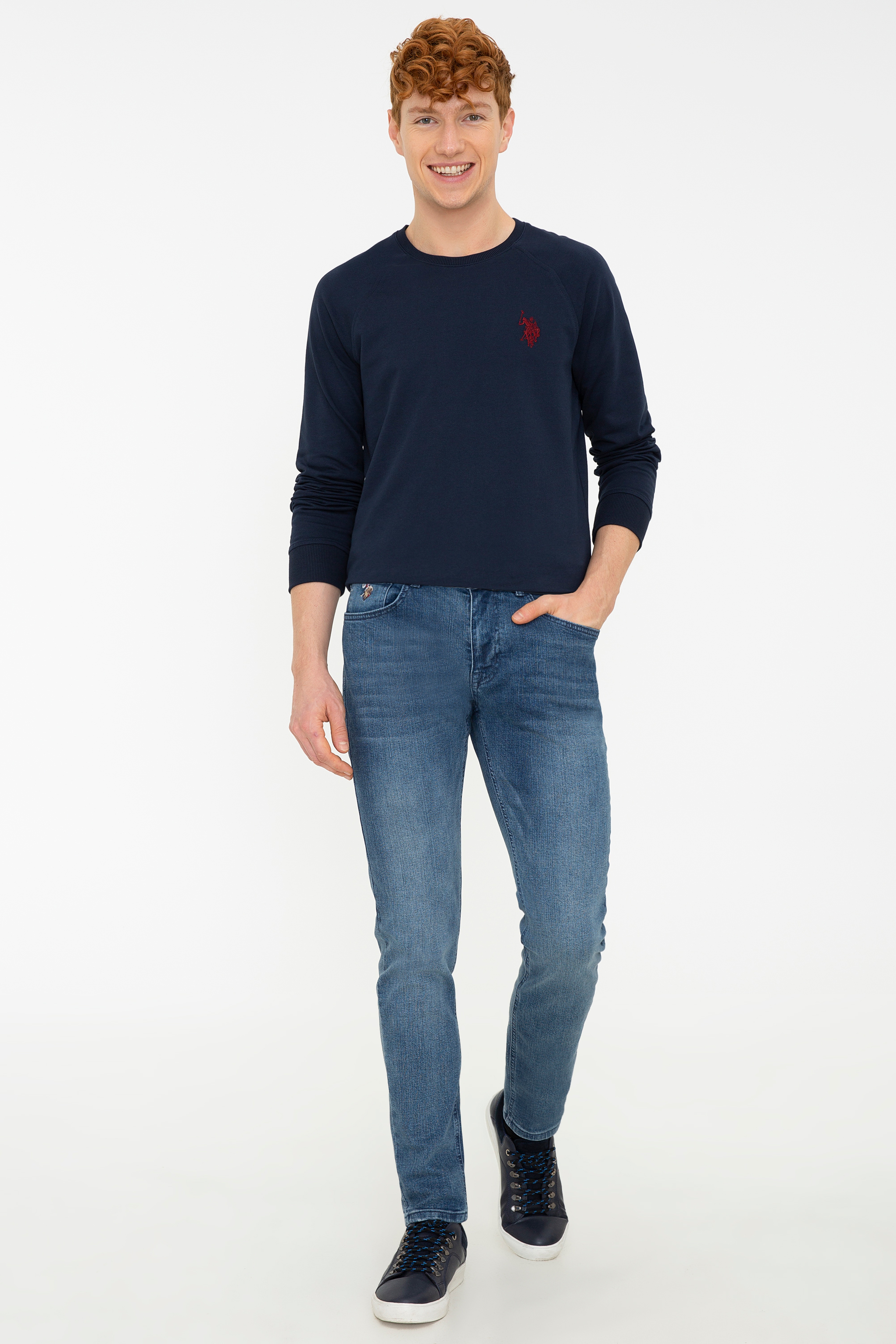 Erkek Lacivert Bisiklet Yaka Sweatshirt Basic - Image 4