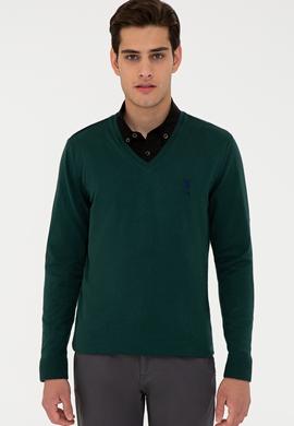 Erkek Yeşil V-Yaka Triko Kazak Basic - 50224740064