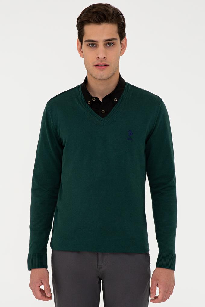 Erkek Yeşil V-Yaka Triko Kazak Basic