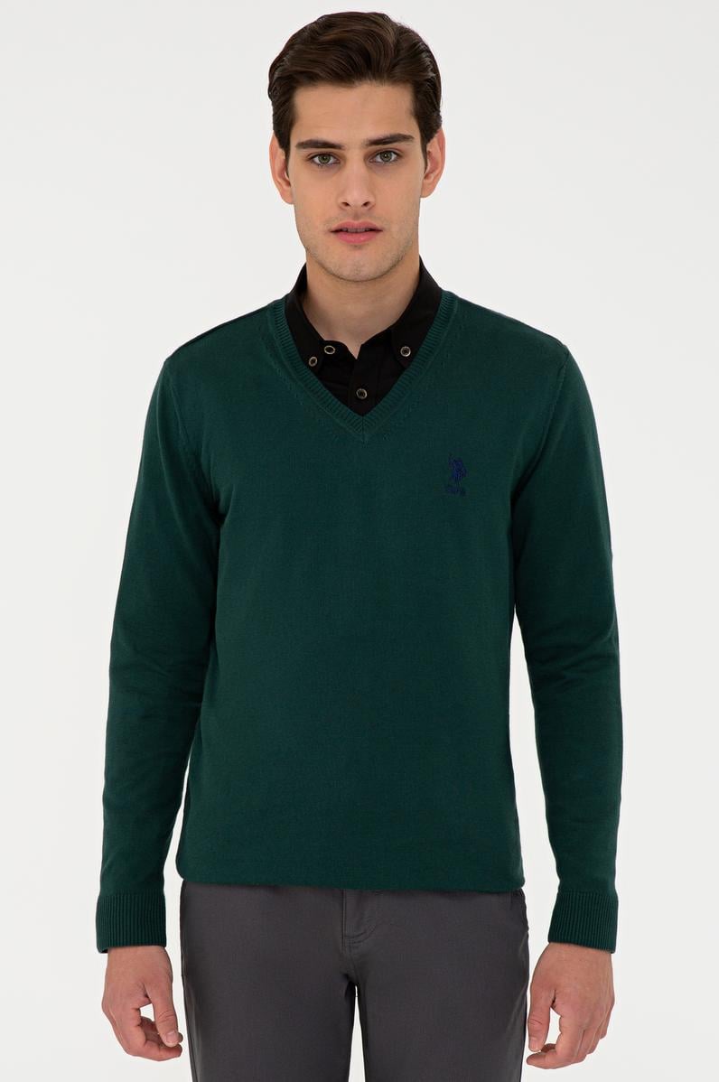 Erkek Yeşil V-Yaka Triko Kazak Basic