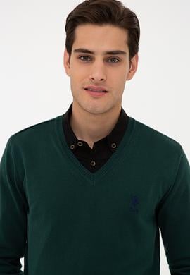Erkek Yeşil V-Yaka Triko Kazak Basic - 50224740064