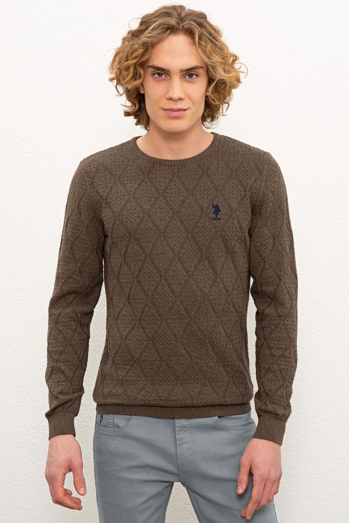 Erkek Koyu Haki Melanj Bisiklet Yaka Triko Kazak