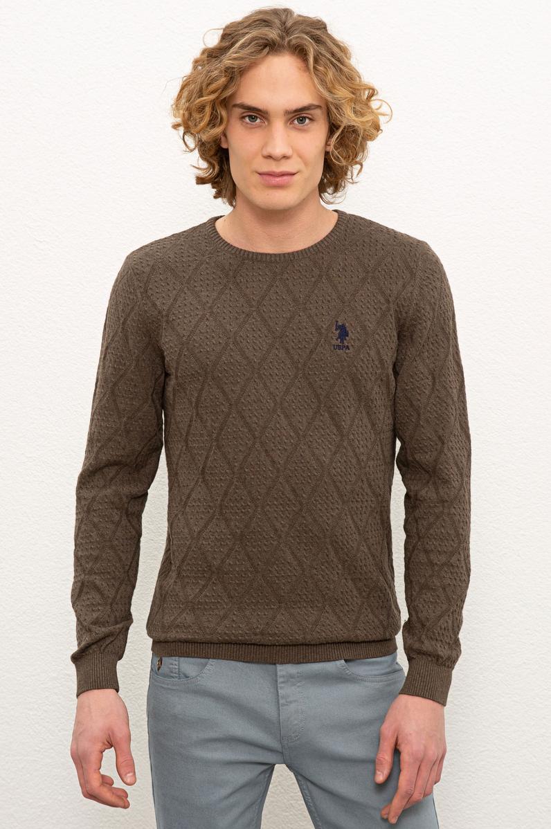 Erkek Koyu Haki Melanj Bisiklet Yaka Triko Kazak