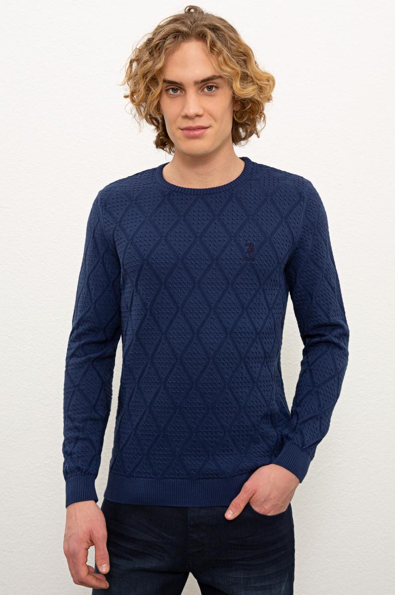 Erkek İndigo Bisiklet Yaka Triko Kazak