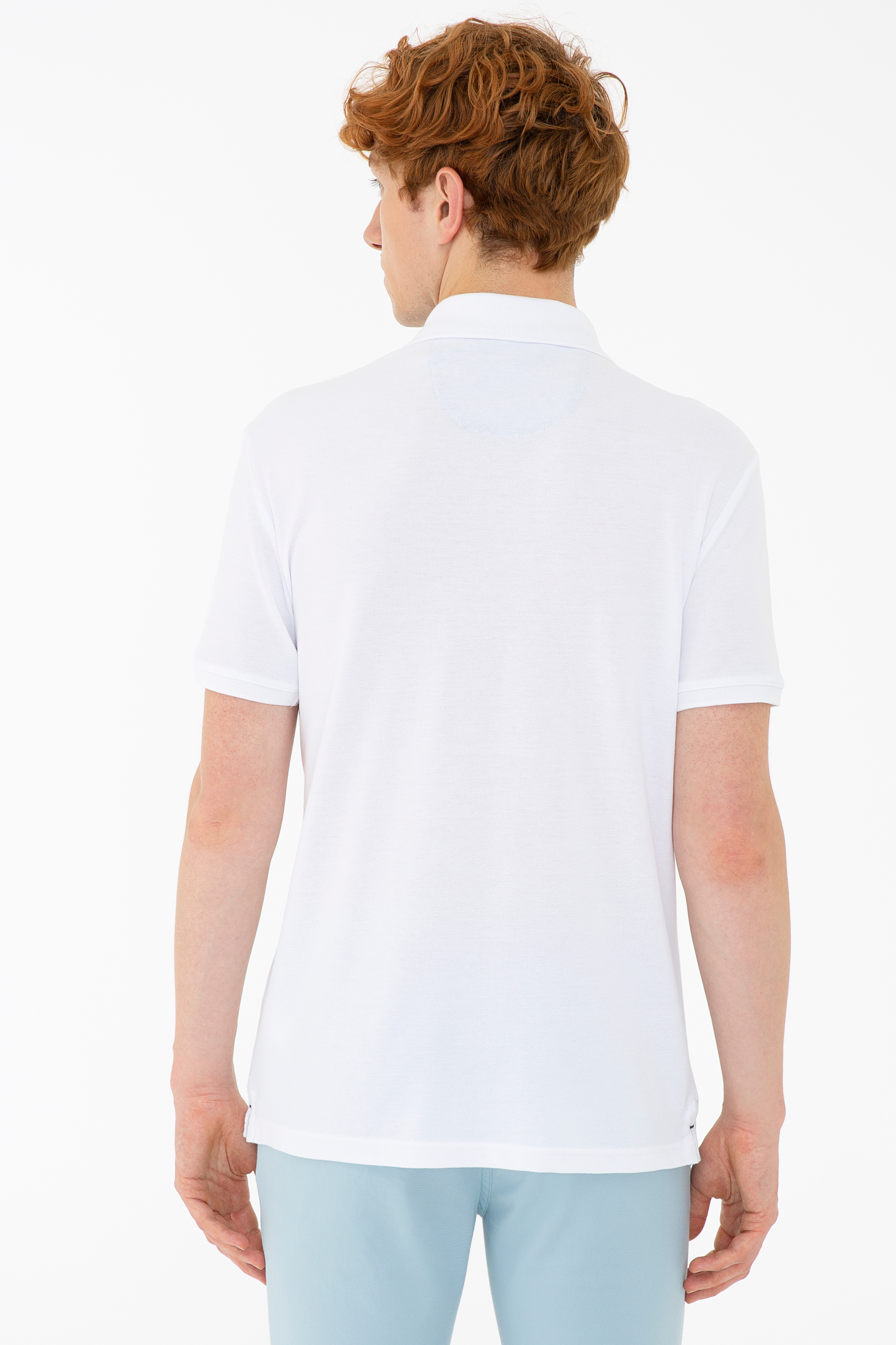 Erkek Beyaz Polo Yaka Basic T-Shirt - Image 3