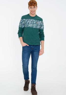 Erkek Koyu Yeşil Bisiklet Yaka Sweatshirt - 50236800027
