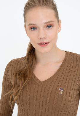 Kadın Kahverengi V Yaka Basic Kazak - 50237091068