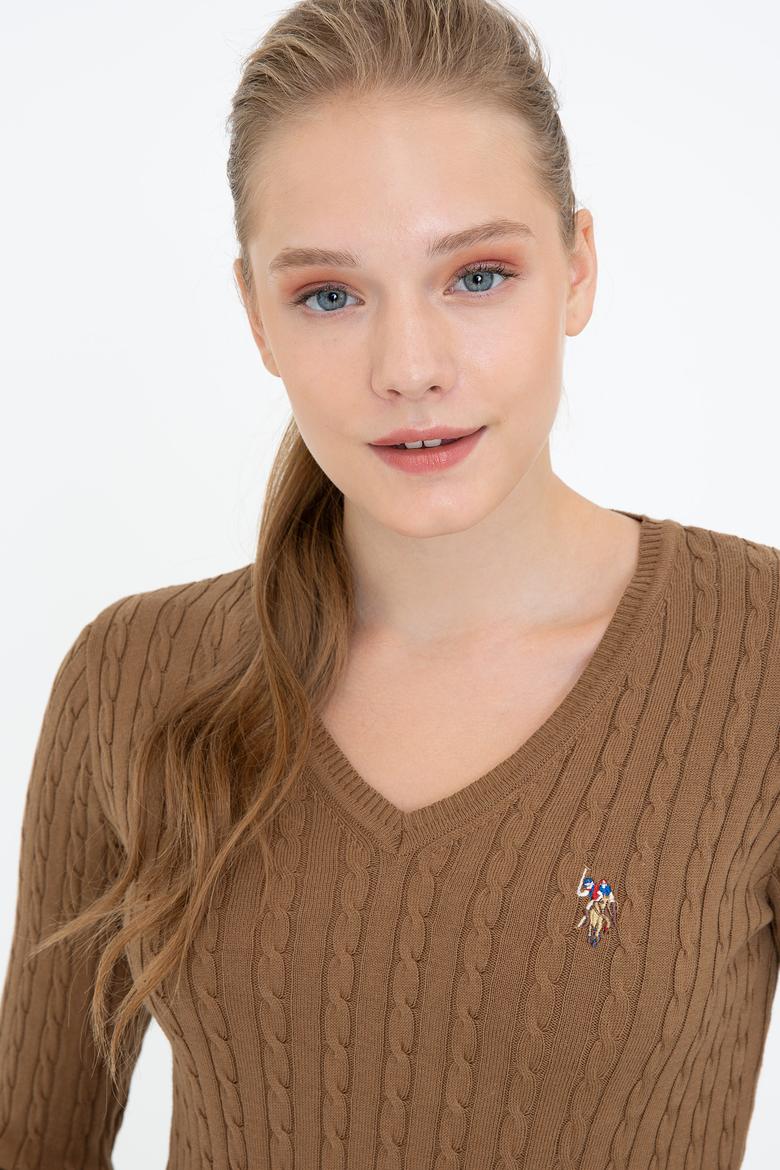 Kadın Kahverengi V Yaka Basic Kazak - 50237091068