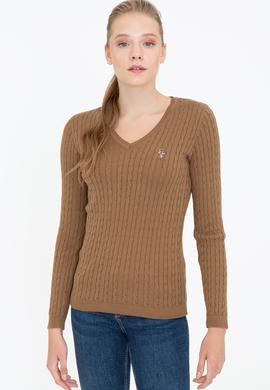 Kadın Kahverengi V Yaka Basic Kazak - 50237091068