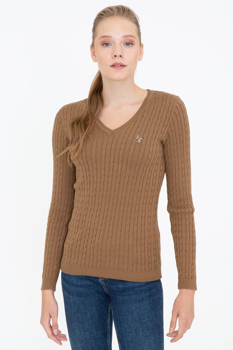 Kadın Kahverengi V Yaka Basic Kazak - 50237091068