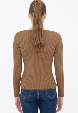 Kadın Kahverengi V Yaka Basic Kazak - 50237091068