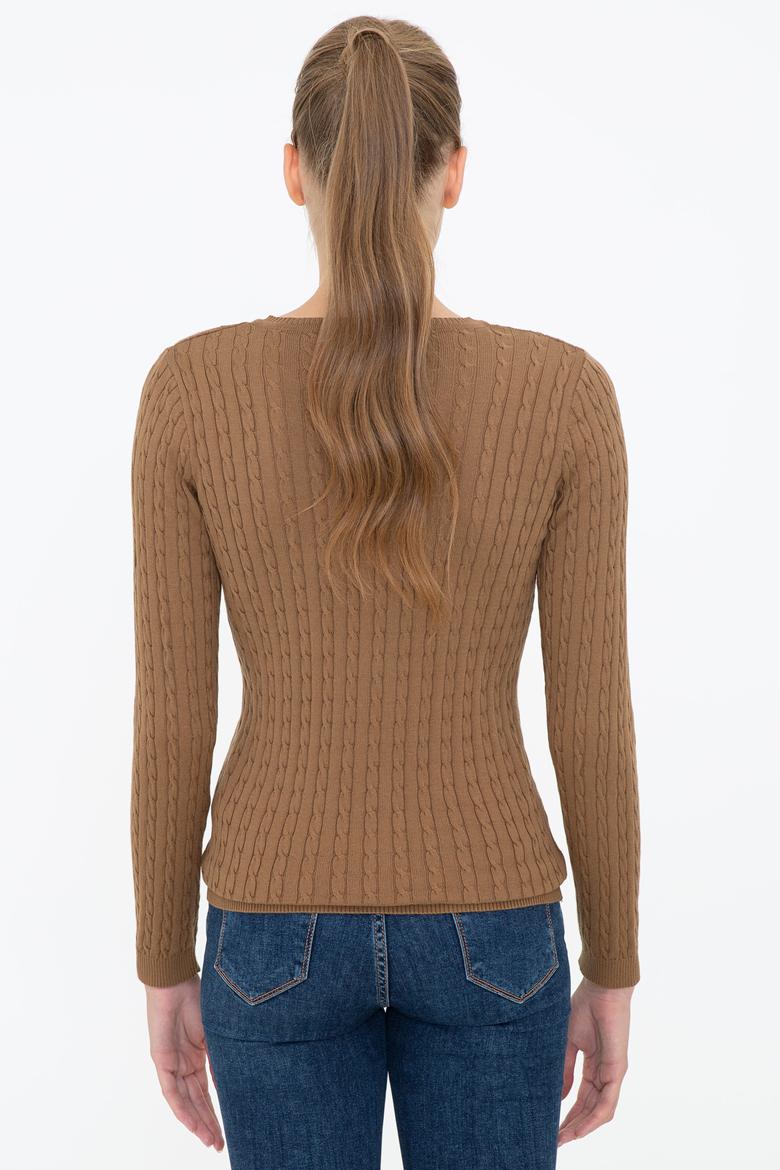 Kadın Kahverengi V Yaka Basic Kazak - 50237091068