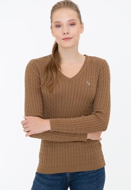 Kadın Kahverengi V Yaka Basic Kazak - 50237091068