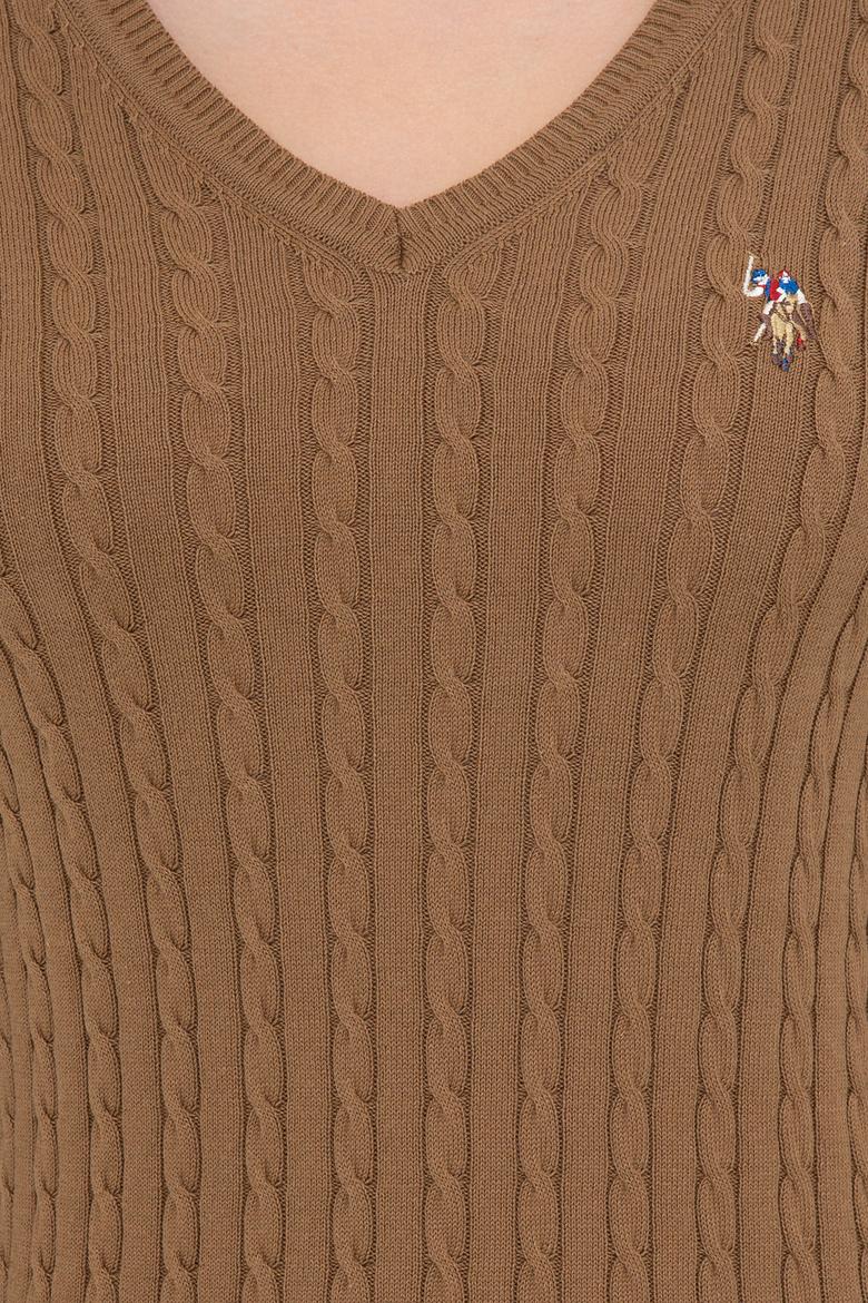 Kadın Kahverengi V Yaka Basic Kazak - 50237091068