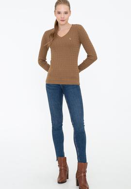 Kadın Kahverengi V Yaka Basic Kazak - 50237091068