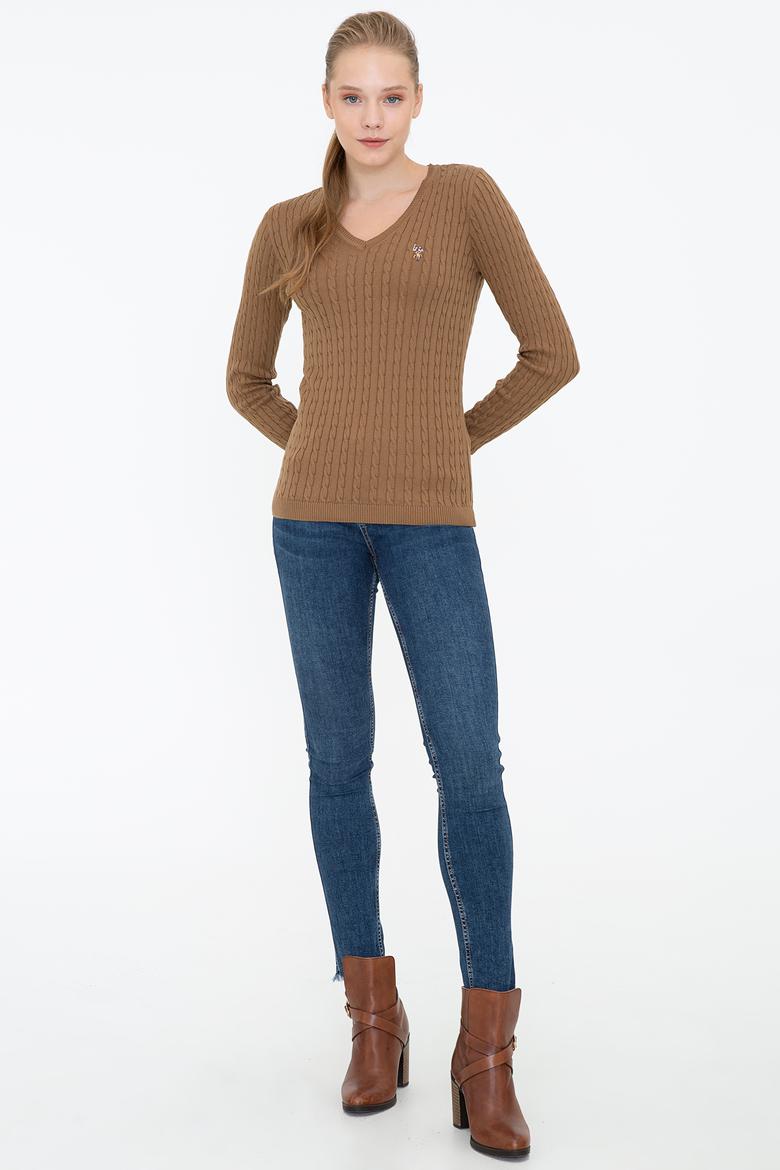 Kadın Kahverengi V Yaka Basic Kazak - 50237091068