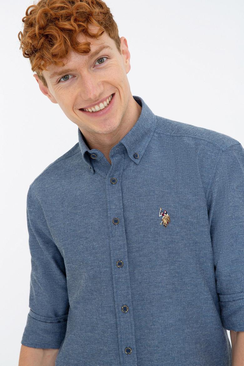 Erkek İndigo Uzun Kollu Basic Gömlek - 50238146043