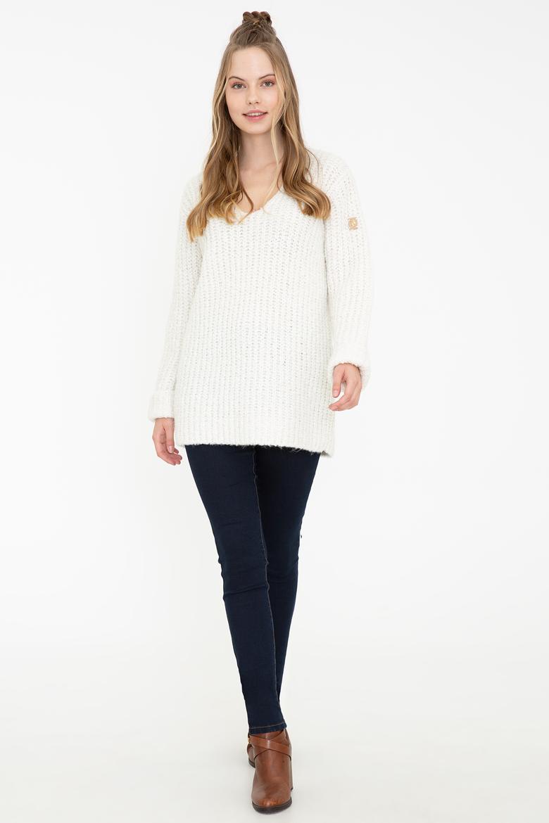 Kadın Krem V Yaka Kazak - 50237267029