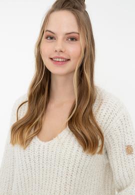 Kadın Krem V Yaka Kazak - 50237267029