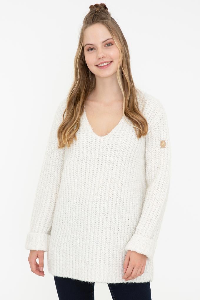 Kadın Krem V Yaka Kazak