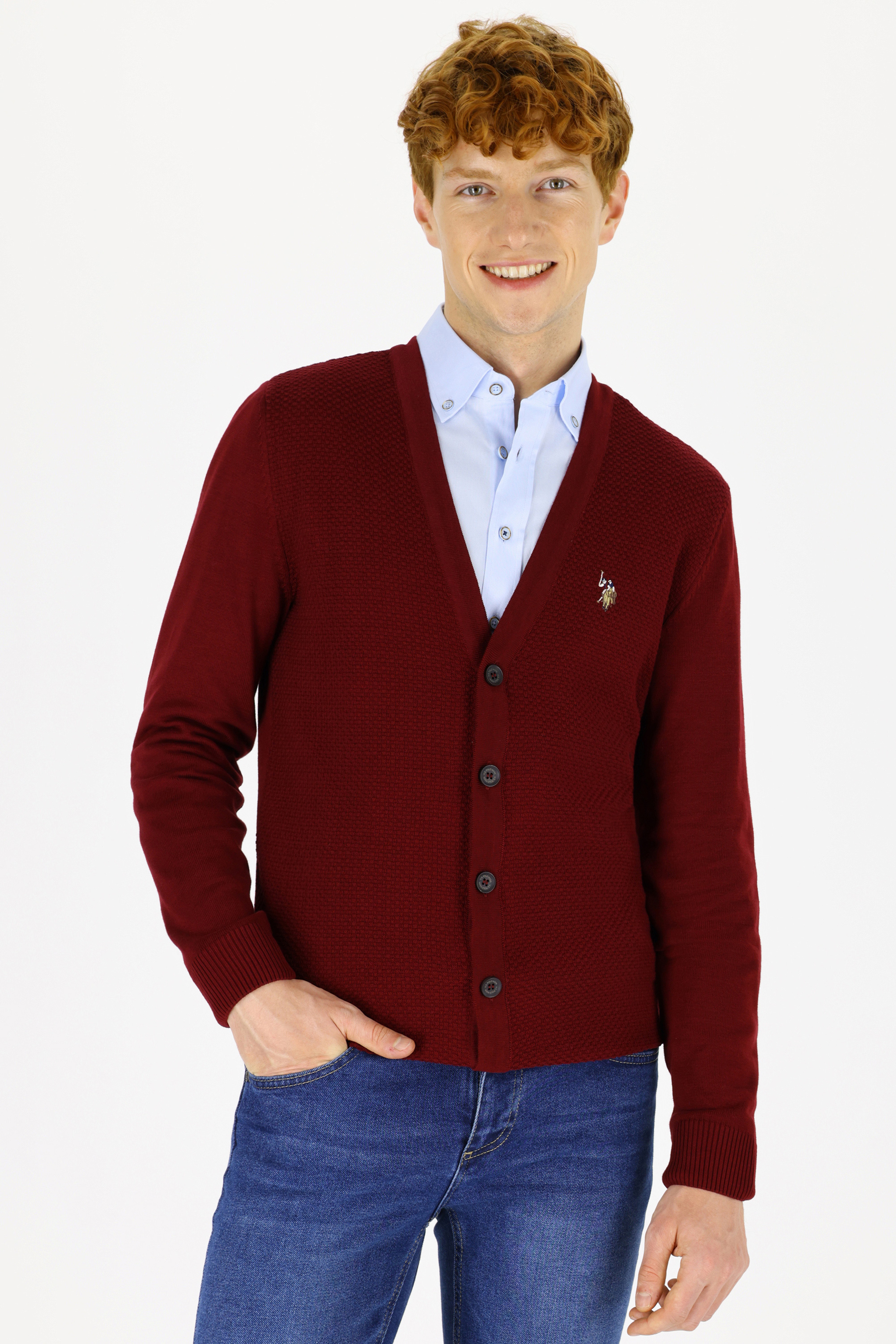 Erkek Bordo Basic Triko Hırka
