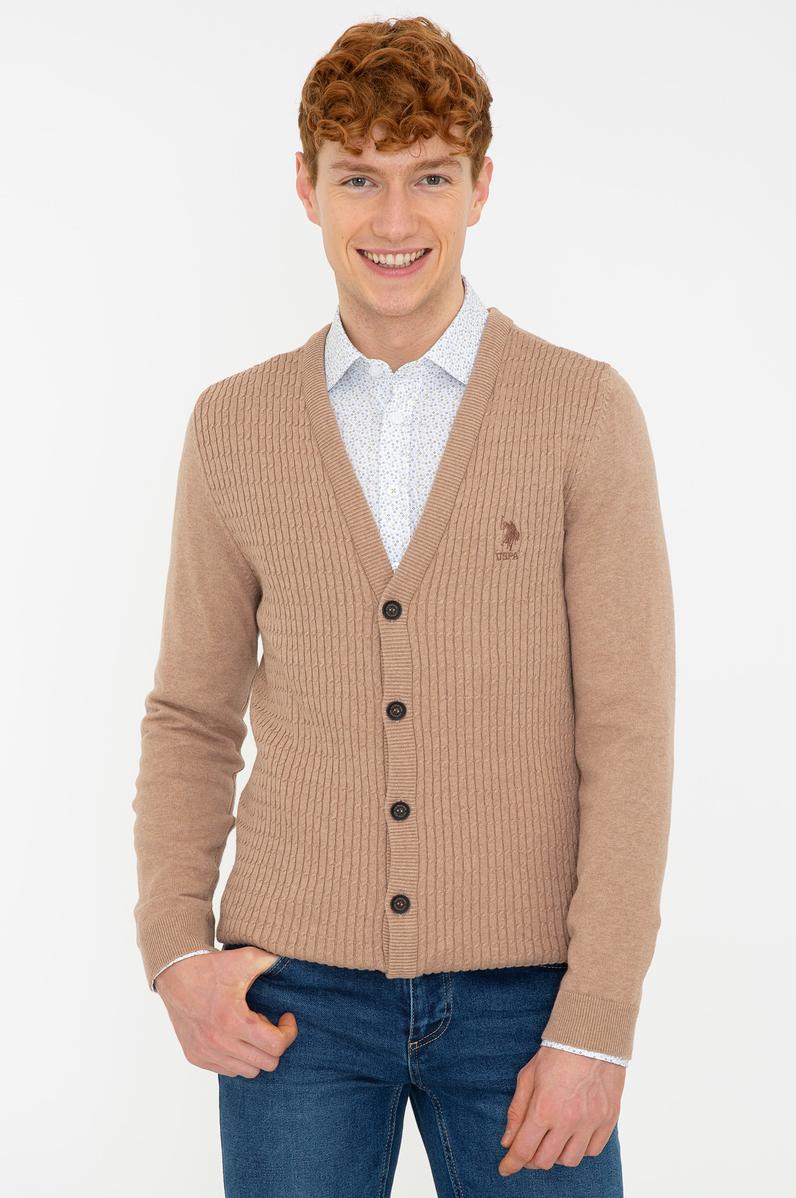 Erkek Camel Melanj Basic Triko Hırka