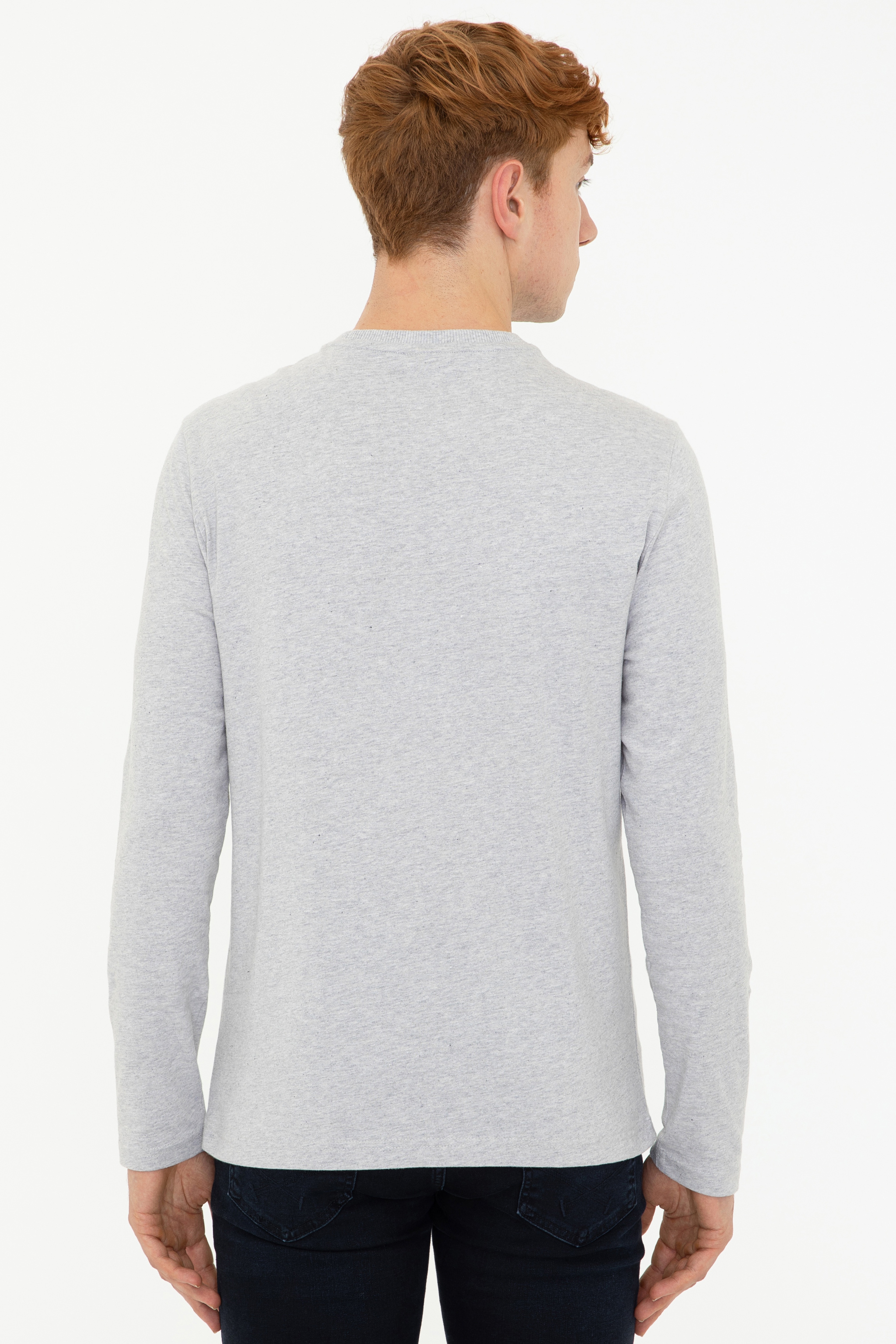Erkek Açık Gri Melanj Bisiklet Yaka Sweatshirt - Image 4