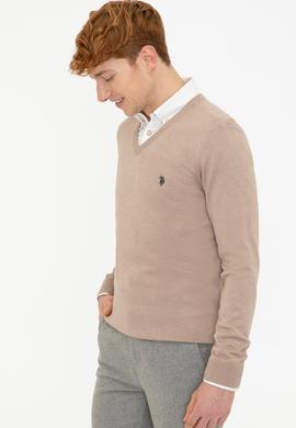 Erkek Camel Melanj V - Yaka Triko Kazak Basic - 50237037053