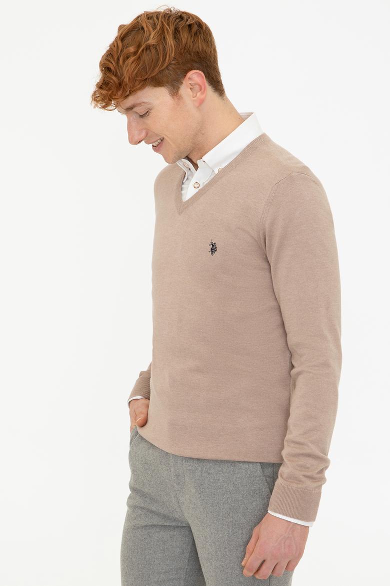 Erkek Camel Melanj V - Yaka Triko Kazak Basic - 50237037053