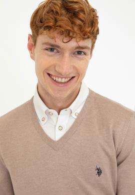 Erkek Camel Melanj V - Yaka Triko Kazak Basic - 50237037053