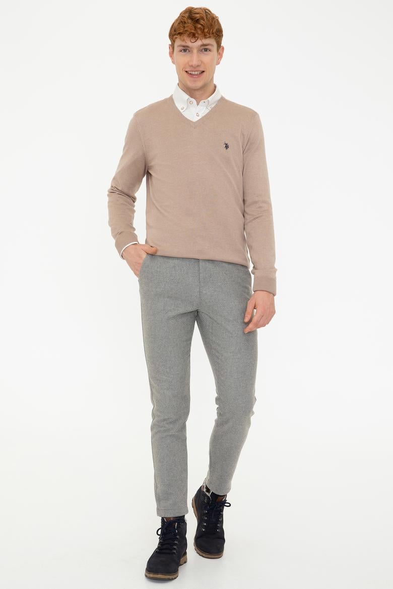 Erkek Camel Melanj V - Yaka Triko Kazak Basic - 50237037053