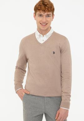 Erkek Camel Melanj V - Yaka Triko Kazak Basic - 50237037053