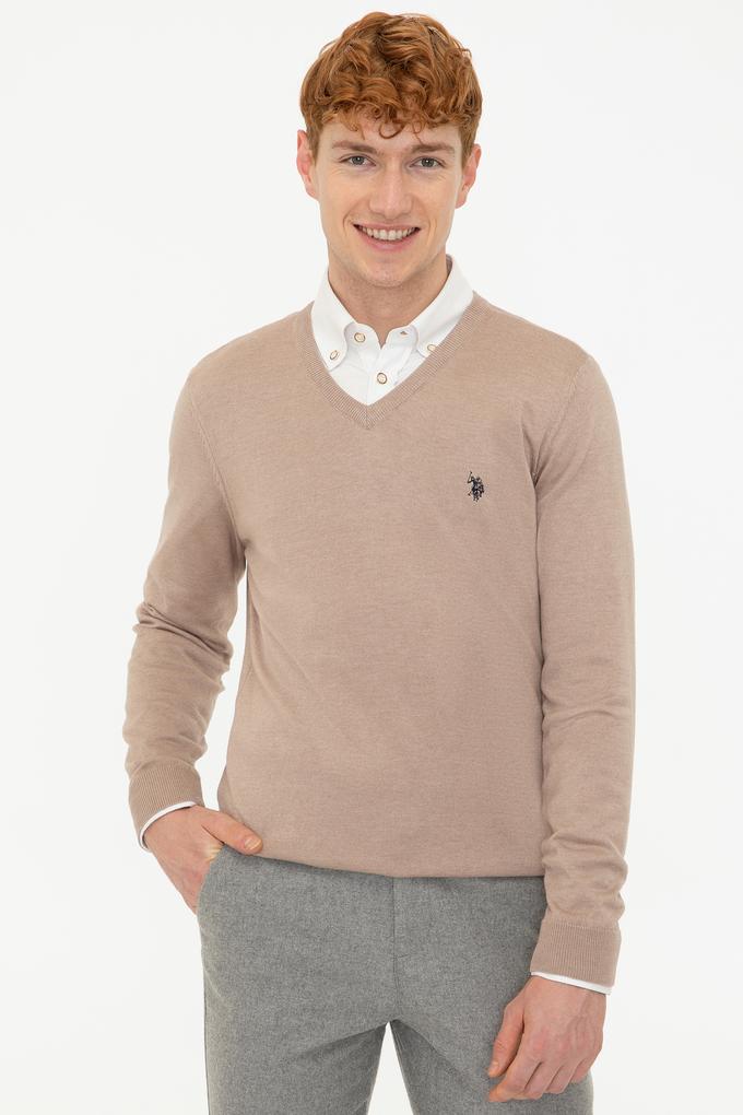 Erkek Camel Melanj V - Yaka Triko Kazak Basic