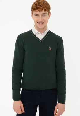 Erkek Yeşil V Yaka Basic Triko Kazak - 50236974056