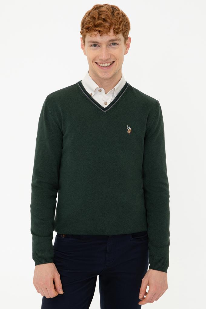 Erkek Yeşil V Yaka Basic Triko Kazak