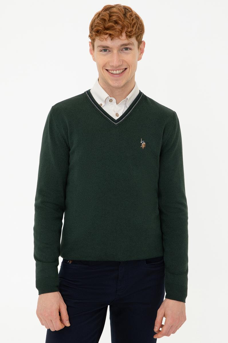 Erkek Yeşil V Yaka Basic Triko Kazak