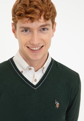 Erkek Yeşil V Yaka Basic Triko Kazak - 50236974056