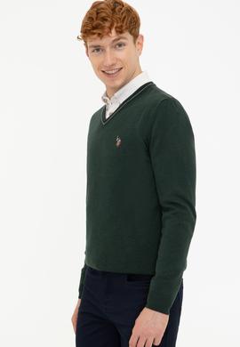 Erkek Yeşil V Yaka Basic Triko Kazak - 50236974056