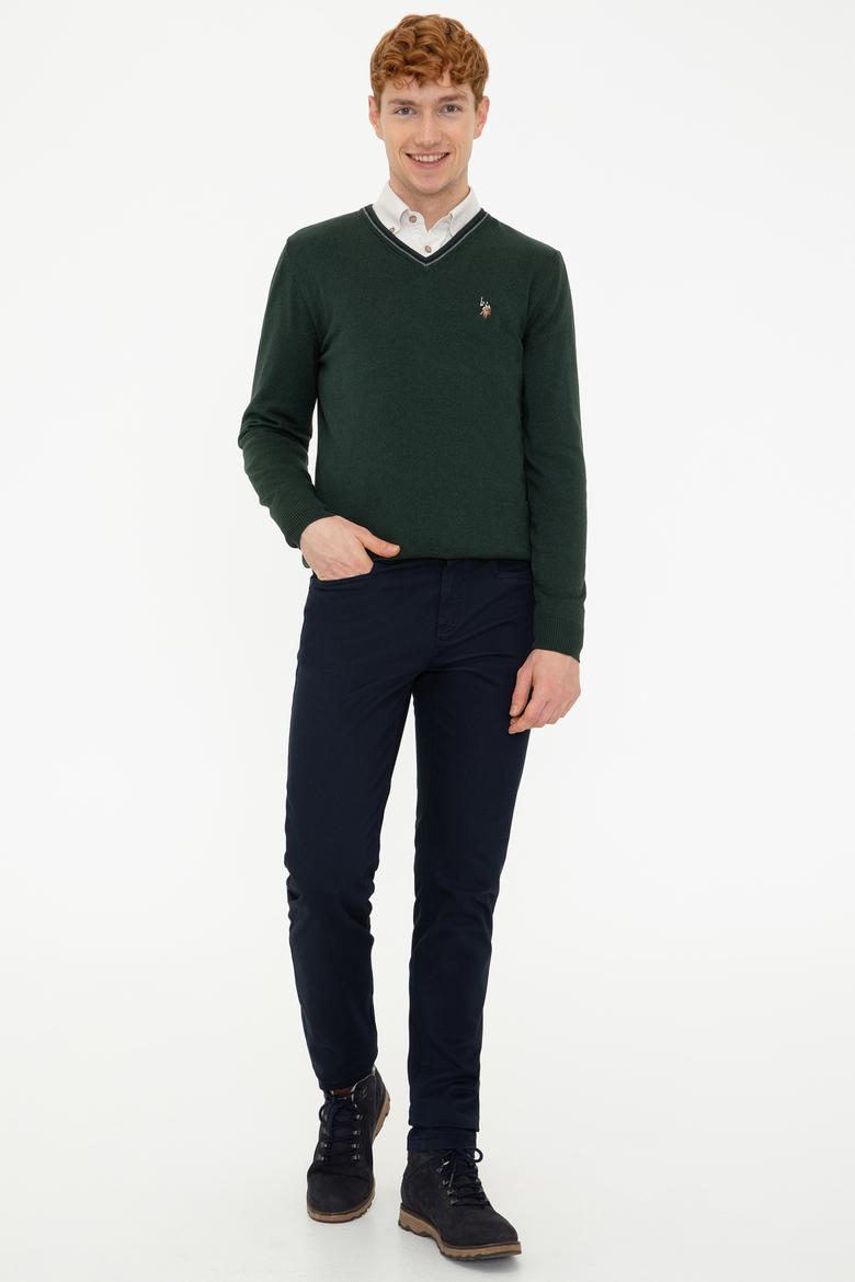 Erkek Yeşil V Yaka Basic Triko Kazak - 50236974056